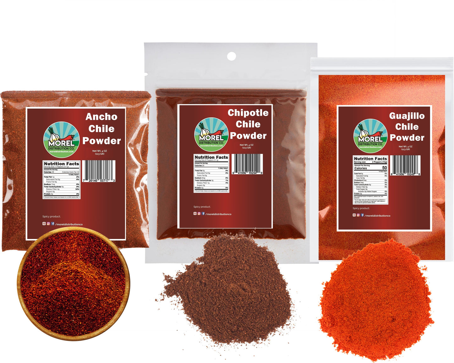 Chile Powder Trio. Ancho Powder, Chipotle Powder, Guajillo Powder. (3 pack) 12 oz Total.