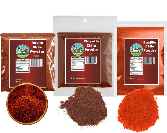 Chile Powder Trio. Ancho Powder, Chipotle Powder, Guajillo Powder. (3 pack) 12 oz Total.